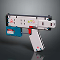 Pistol Style Weapon With White Body Blue Components And Red Warning Labels 3d model