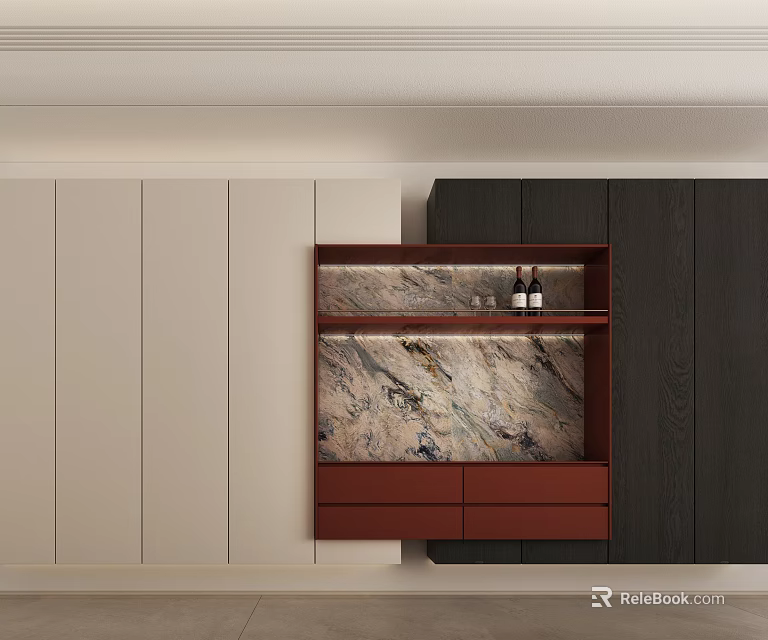Modern Sideboard Design With Dark Light Wood Cabinetry Marble Top Drawers And Display Shelves 3d model 
