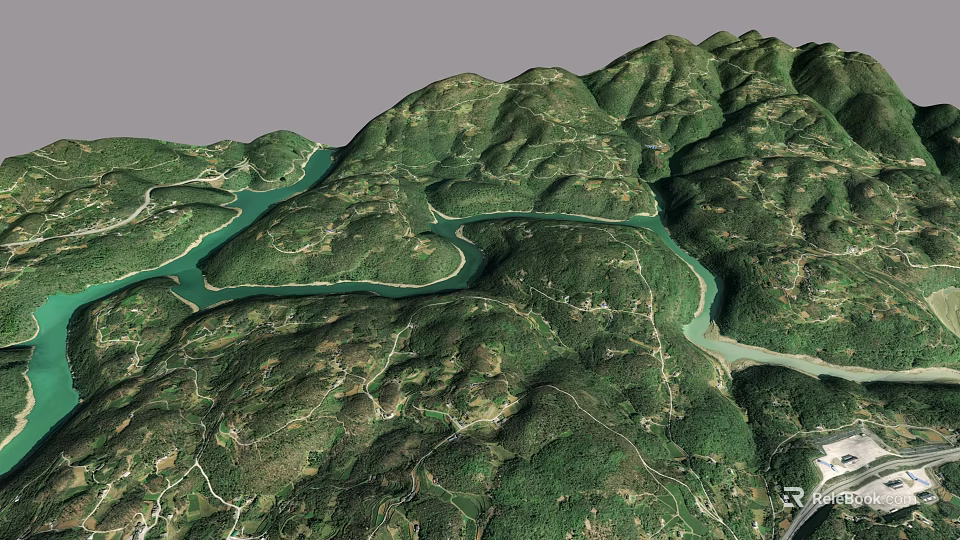 Natural Garden Landscape Featuring Green Mountainous Terrain Winding Waterways And Lush Vegetation 3d model 