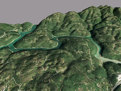 Natural Garden Landscape Featuring Green Mountainous Terrain Winding Waterways And Lush Vegetation 3d model