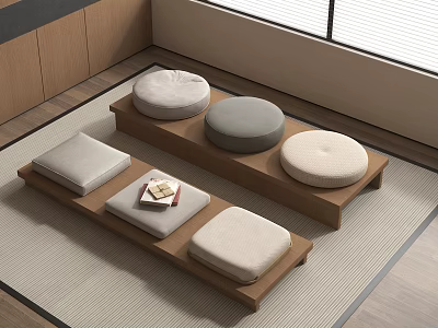 Japanese Style Tatami Room Home Living with Wooden Platforms Various Colors Round and Square Cushions 3d model