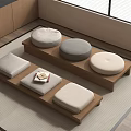 Japanese Style Tatami Room Home Living with Wooden Platforms Various Colors Round and Square Cushions