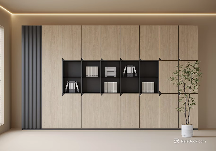 Modern Light Wood And Black Bookshelf With Storage Compartments And Potted Plant 3d model 