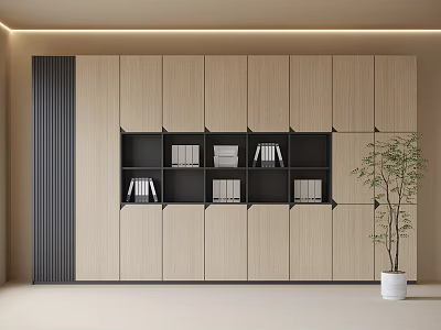Modern Light Wood And Black Bookshelf With Storage Compartments And Potted Plant 3d model