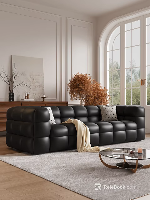 Black Leather Sofa Coffee Table Set with Pillows and Beige Blanket Window Decorative Plant 3d model 