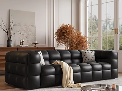 Black Leather Sofa Coffee Table Set with Pillows and Beige Blanket Window Decorative Plant 3d model