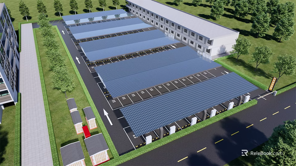 Solar Panel Covered Parking Lot with Modern Building and Green Trees Around 3d model 