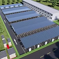 Solar Panel Covered Parking Lot with Modern Building and Green Trees Around