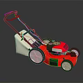 Red And White Lawn Mower With Black Handle White Wheels And Grass Bag