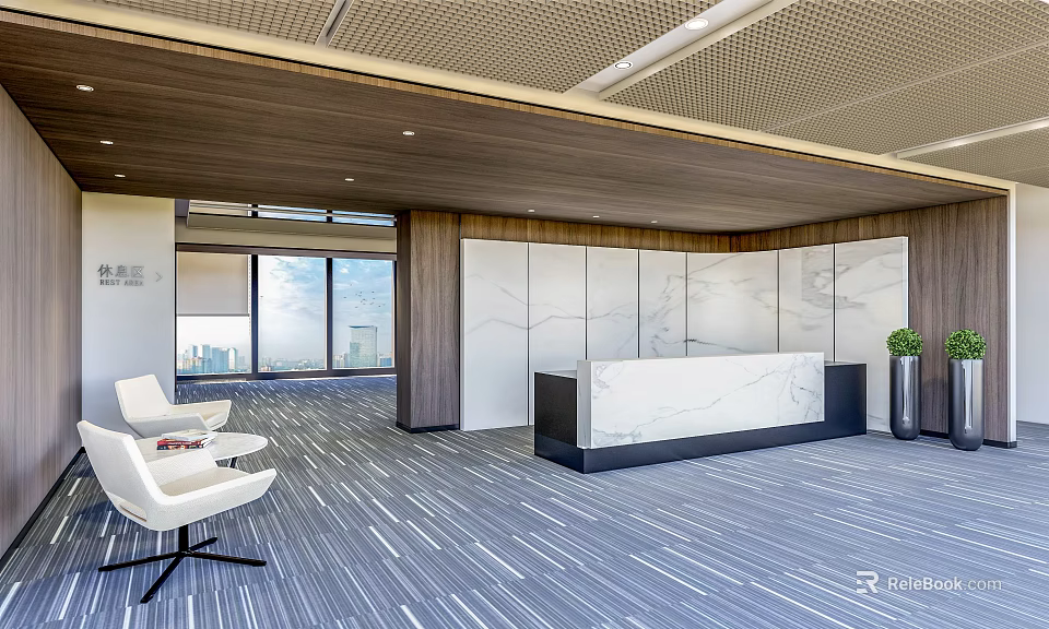 Modern Minimalist Reception Desk Area With Marble Counter Sofa And Large Floor To Ceiling Windows 3d model 