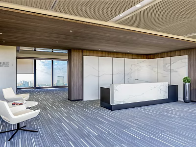 Modern Minimalist Reception Desk Area With Marble Counter Sofa And Large Floor To Ceiling Windows 3d model