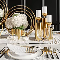 Elegant Dining Table Set With White Flower Bouquets Gold Decorative Items Tableware And Marble Placemats