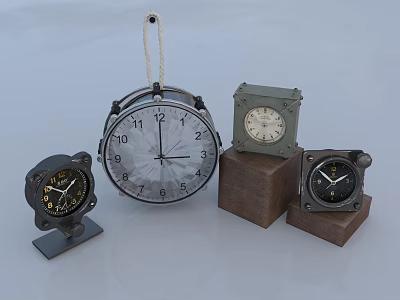 Vintage Clocks Collection With Metal Cases Wooden Bases And Various Designs 3d model