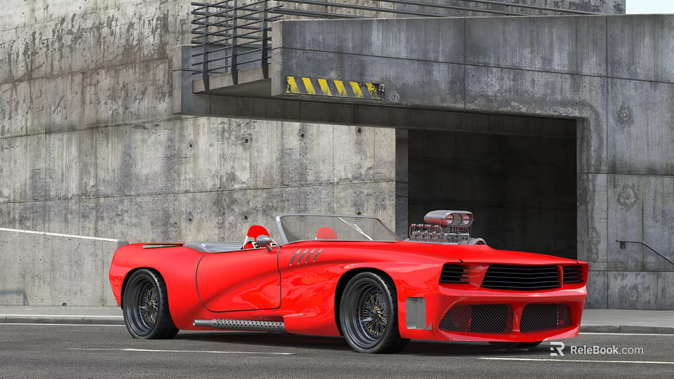 Red Convertible Sports Car Parked Under Concrete Bridge Structure 3d model 