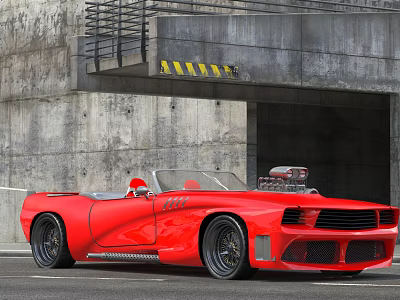 Red Convertible Sports Car Parked Under Concrete Bridge Structure 3d model
