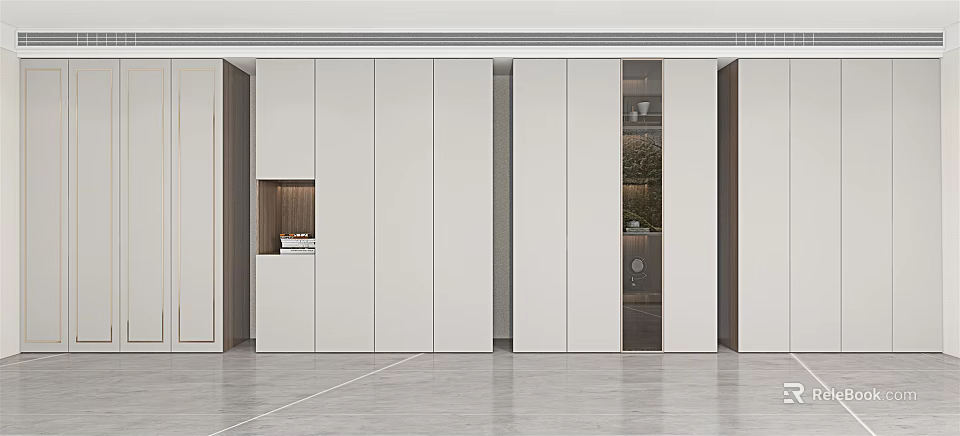 Modern Sleek Wardrobe Design With White Panels And Glass Door Storage Sections 3d model 