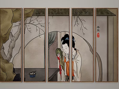Traditional Chinese Screen Painting With Ancient Lady In Traditional Attire And Trees 3d model