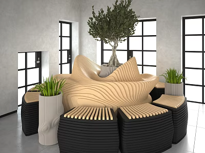Casual Sofa Set With Wave Design Beige And Black Seats Green Plants In Bright Room 3d model