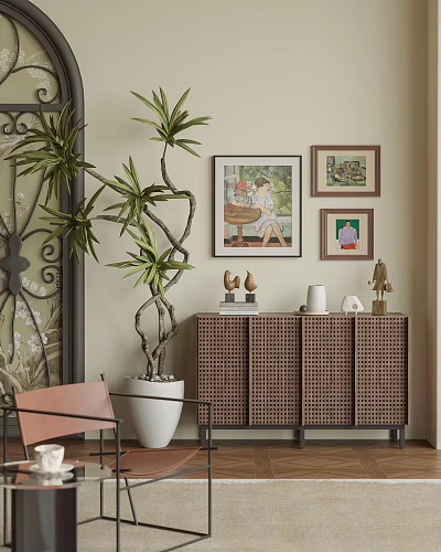 Rattan Design Console Cabinet with Large Green Plant White Planter Wall Paintings and Decorative Ornaments 3d model