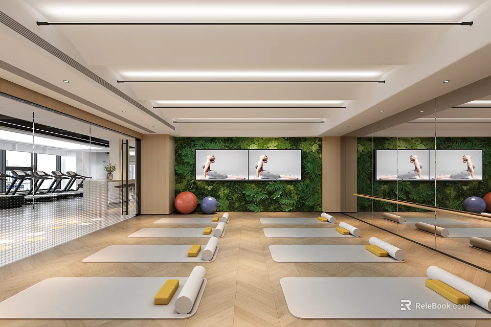 Modern Yoga Studio With Green Plant Wall Mirrors And Yoga Mats For Fitness Training 3d model 