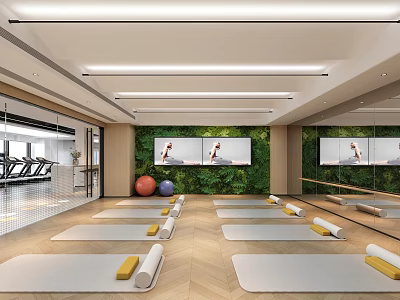 Modern Yoga Studio With Green Plant Wall Mirrors And Yoga Mats For Fitness Training 3d model