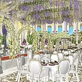 Luxurious Banquet Hall Interior With White Seats Table Settings Fresh Flowers And Chandeliers