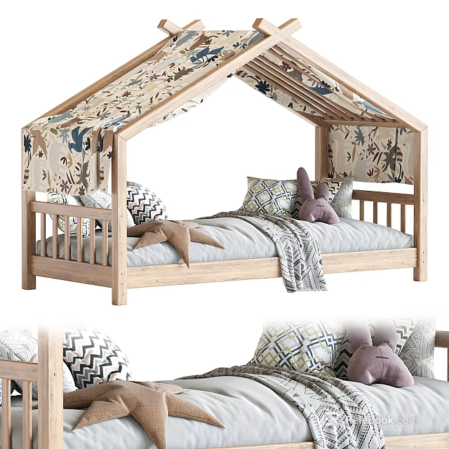 Wooden Kids Bed With Patterned Canopy Gray Sheets And Rabbit Plush Pillow 3d model 