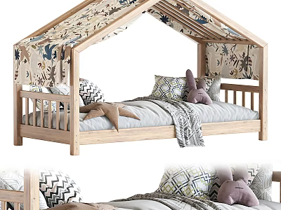 Wooden Kids Bed With Patterned Canopy Gray Sheets And Rabbit Plush Pillow 3d model