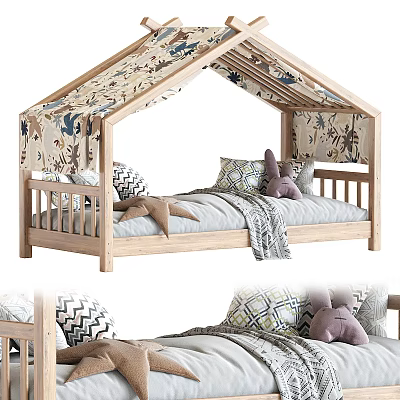 Wooden Kids Bed With Patterned Canopy Gray Sheets And Rabbit Plush Pillow 3d model