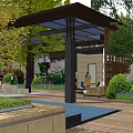 Chinese Style Sales Office Building With Wooden Pergola And Landscaped Garden