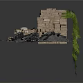 Rustic Scene Construction With Stone Walls Wooden Crate Green Plants Tires And Debris