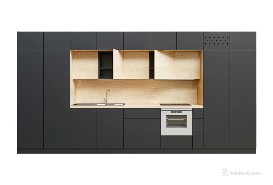 Modern Kitchen Cabinets Black And Light Wood Design With Countertop Sink And Oven 3d model 