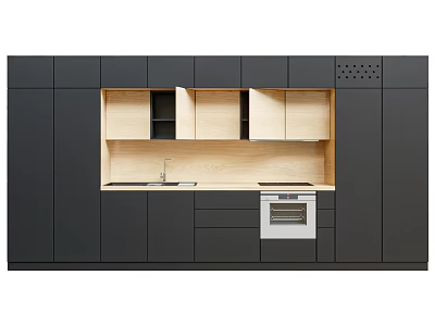 Modern Kitchen Cabinets Black And Light Wood Design With Countertop Sink And Oven 3d model