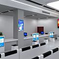 Modern Public Service Hall Interior Design With Service Counters Computers Display Screens And Waiting Tables