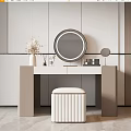 Modern Elegant Dressing Table With Round Lit Mirror Flowers In Vase And Striped Stool
