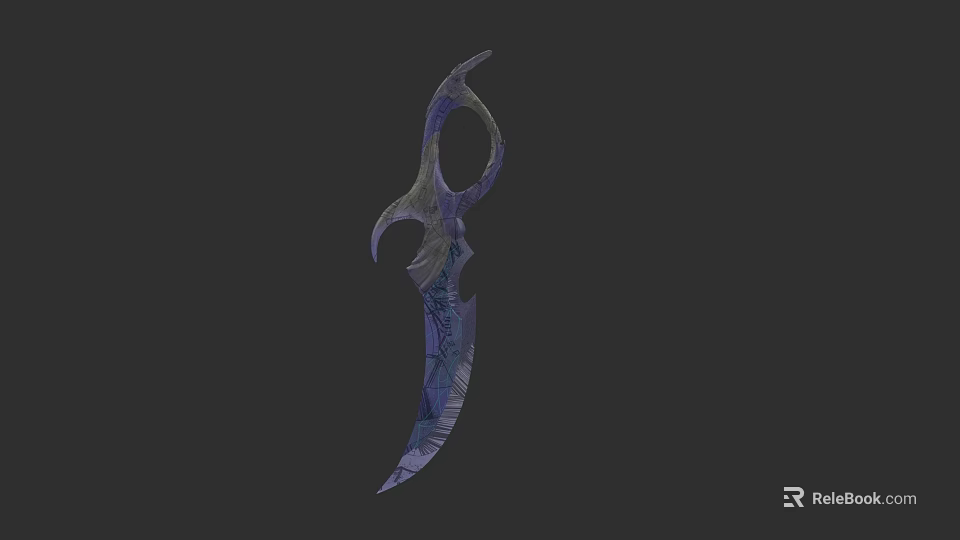 Decorative Curved Weapon With Blue Purple Ornate Design And Ring Handle 3d model 