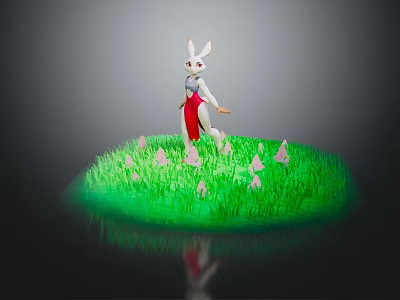 3D Model White Rabbit Character In Red Dress Standing On Green Grass With Pink Flowers 3d model