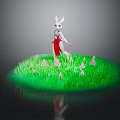 3D Model White Rabbit Character In Red Dress Standing On Green Grass With Pink Flowers
