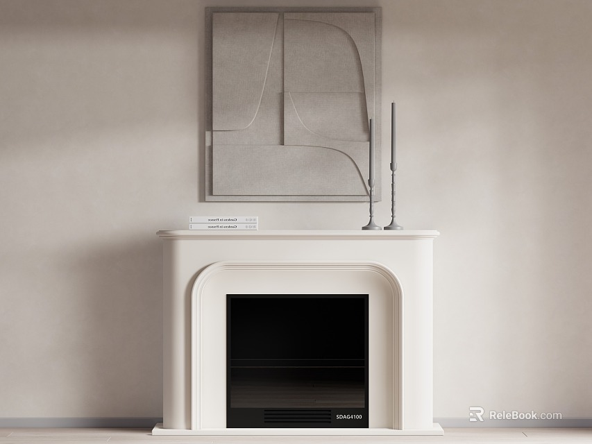 Minimalist White Fireplace Design With Decorative Artwork And Slim Ornament On Mantel 3d model 