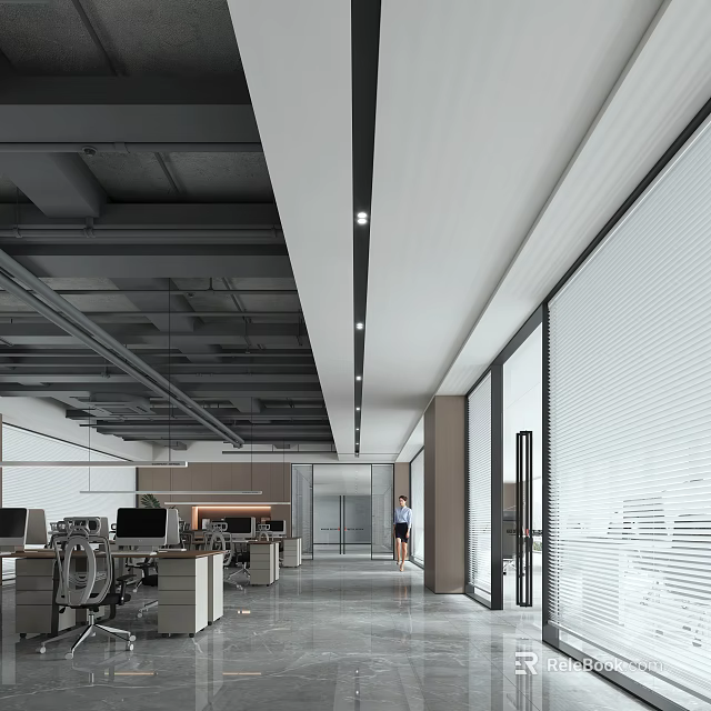 Modern Public Office Space With Open Layout Desks Computers Large Windows And Blinds 3d model 