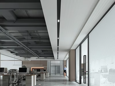 Modern Public Office Space With Open Layout Desks Computers Large Windows And Blinds 3d model