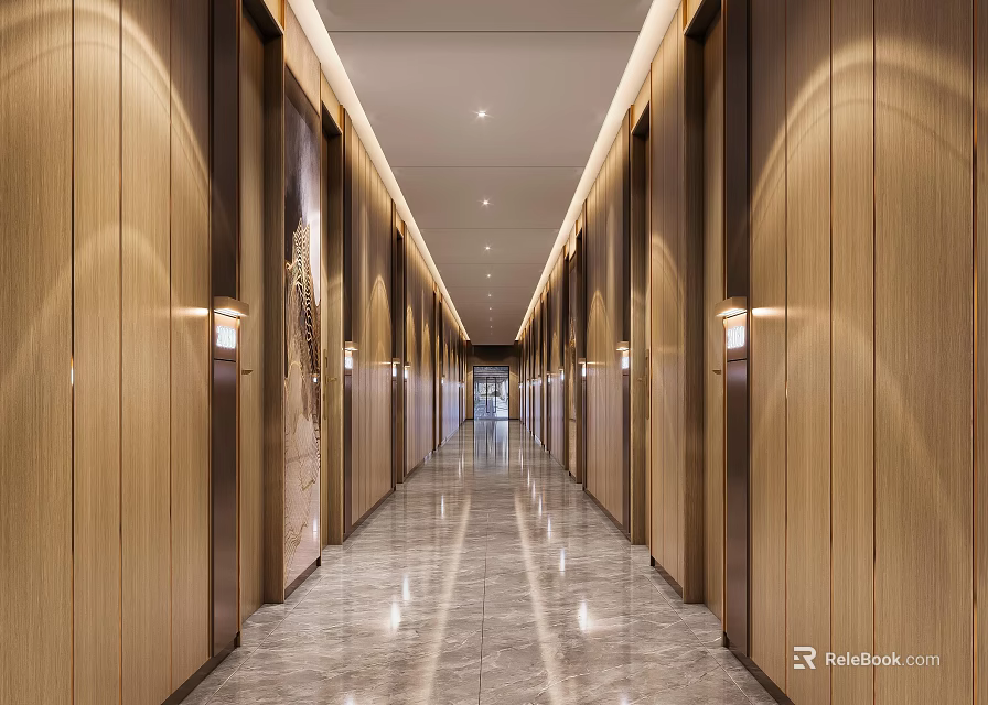 Elegant Hotel Corridor Design With Wooden Panel Walls Recessed Lighting And Marble Floor 3d model 
