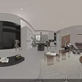 Modern Warm Tone Living And Dining Room With Leather Sofa And Full Wall Storage Cabinets