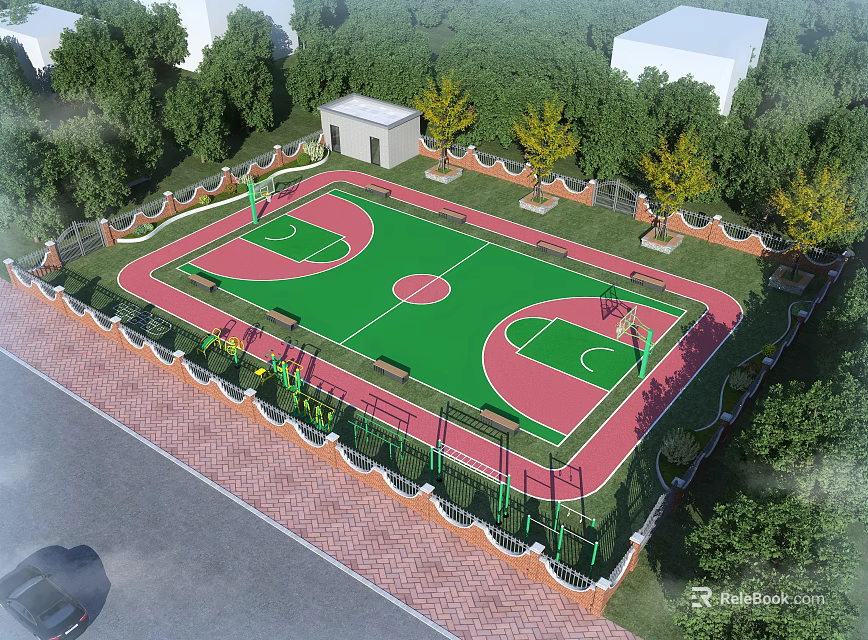 Aerial View Of Outdoor Basketball Court With Fence And Trees 3d model