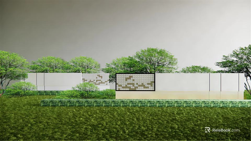 Modern Landscape Wall Design With Decorative Pattern And Surrounding Greenery Lawn 3d model