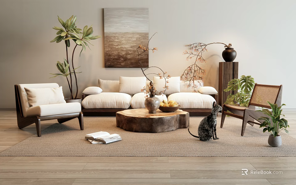 Natural Living Room Sofa Coffee Table Set With Potted Plants Wall Art Rug And Cat 3d model 