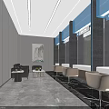 Modern Service Hall Interior With Gray Walls Blue Accents Beige Seats And Marble Floor