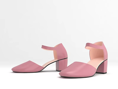Pink Leather Ankle Strap Block Heel Shoes For Women Fashionable Pointed Toe Design 3d model