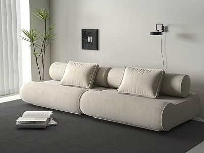 Modern Beige Velvet Two Seater Sofa With Cushions Green Plant And Books On Carpet 3d model