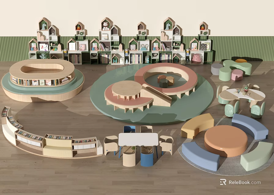 Vibrant Kindergarten Interior With Circular Play Zones Colorful Furniture And Wooden Shelves 3d model 